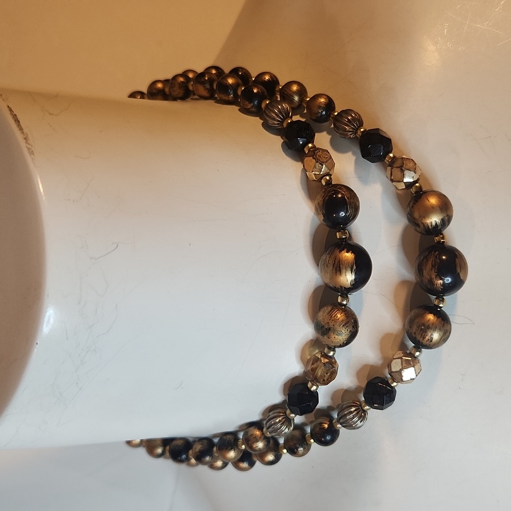 Vintage | Midcentury Gold and Black Beaded Necklace Adjustable 16-18"
